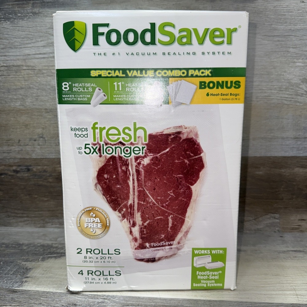 FoodSaver Vacuum Variety Pack: 2 Rolls 8"x20' 4 Rolls 11"x16', 6 Gallon Bag Open